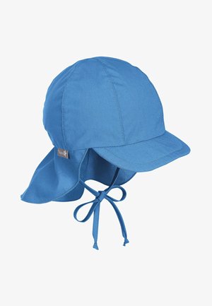 Blauer Baumwoll-Sonnenhut mit festem Schirm, schützendem Nackenlappen und verstellbaren Kinnbändern für einen sicheren Sitz. Glatte Textur und schlichtes Design.