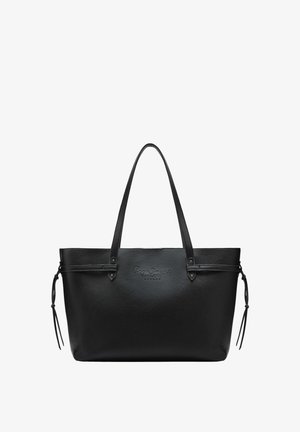 Bolso tote de cuero negro texturizado con dos correas para el hombro y lazos laterales, con logotipo en relieve en el centro frontal.