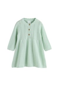 Mintu zaļš adīts kleitas ar apaļu kakla izgriezumu, trim ceturtdaļu piedurknēm, pogu priekšpusi un izplestu svārku ar strukturētu rakstu.