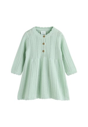 Mintgrünes gestricktes Kleid mit Rundhalsausschnitt, Dreiviertelärmeln, Knopfverschluss und einem ausgestellten Rock mit strukturiertem Muster.