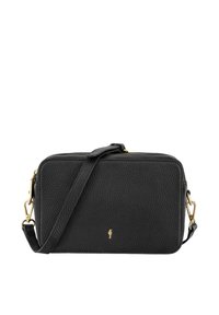 Czarna skórzana torebka na ramię z fakturą w kropki, z akcentami w złotym kolorze, prostokątnym kształtem, regulowanym paskiem i zapięciem na zamek.