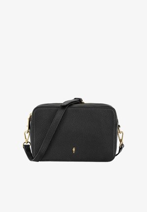 Czarna skórzana torebka na ramię z fakturą w kropki, z akcentami w złotym kolorze, prostokątnym kształtem, regulowanym paskiem i zapięciem na zamek.