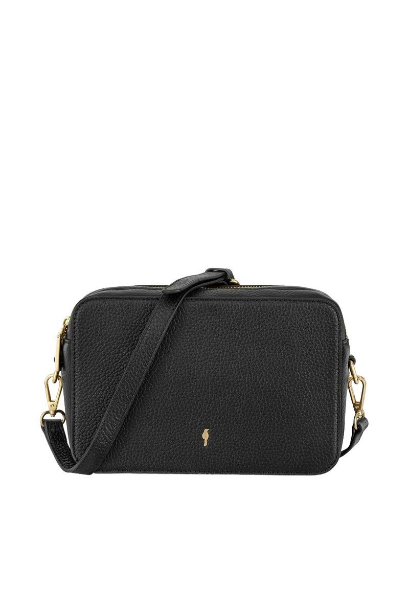 Czarna skórzana torebka na ramię z fakturą w kropki, z akcentami w złotym kolorze, prostokątnym kształtem, regulowanym paskiem i zapięciem na zamek.