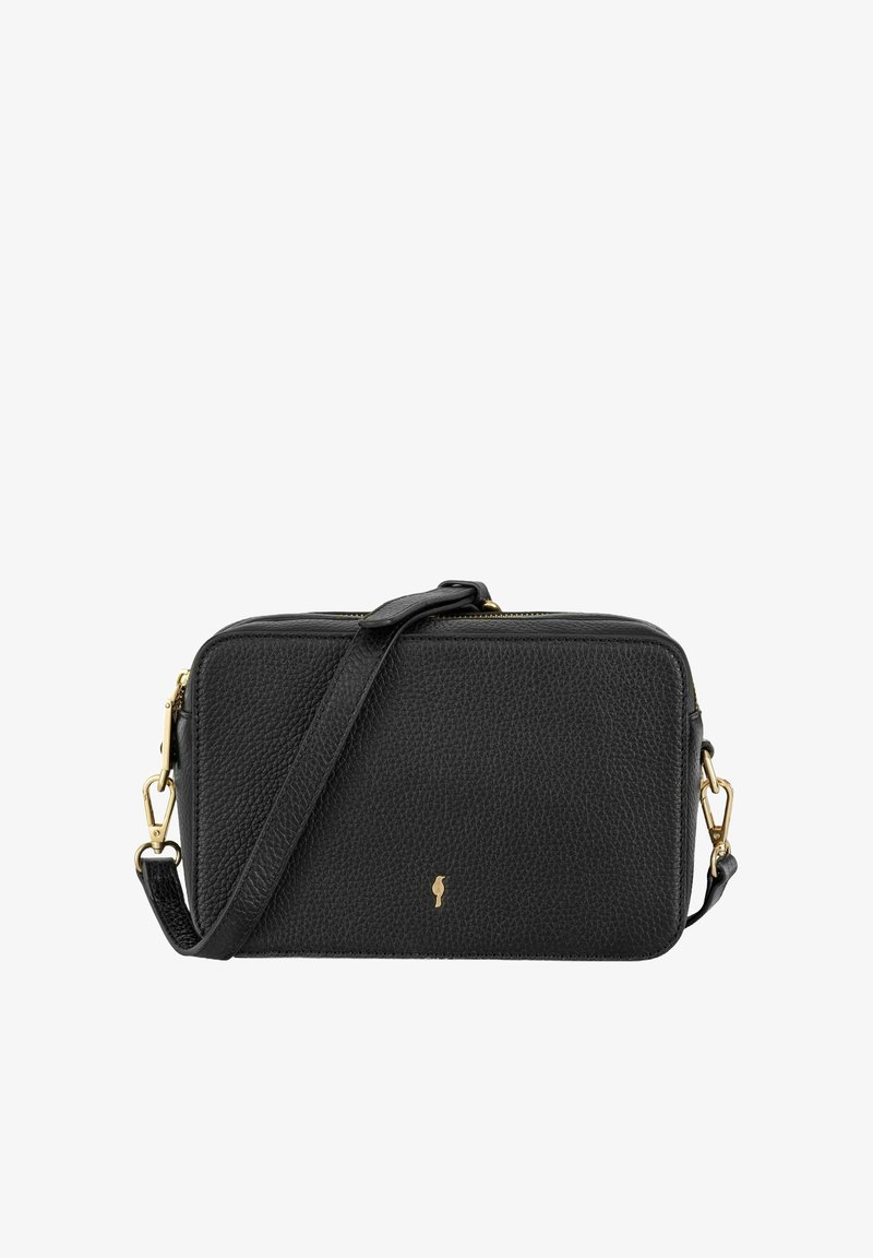 Czarna skórzana torebka na ramię z fakturą w kropki, z akcentami w złotym kolorze, prostokątnym kształtem, regulowanym paskiem i zapięciem na zamek.