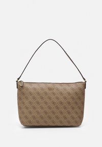 Hnědá kabelka s potiskem a strukturovaným tvarem, má hladký povrch, jediný popruh a zlatý logotyp na přední straně.