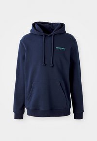 Hoodie bleu marine en mélange de coton avec une poche avant, des cordons de serrage, des poignets côtelés et un petit logo "tommy jeans" en bleu canard.