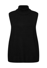 Maglione senza maniche di colore nero, realizzato in morbido tessuto a maglia. Presenta un colletto alto e un orlo a coste. Design semplice e moderno, senza decorazioni.