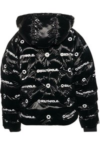 Jachetă puffer neagră cu un finisaj lucios, având text alb "SOUTHPOL" și modele geometrice. Include o glugă cu șnur și mansete elastice.