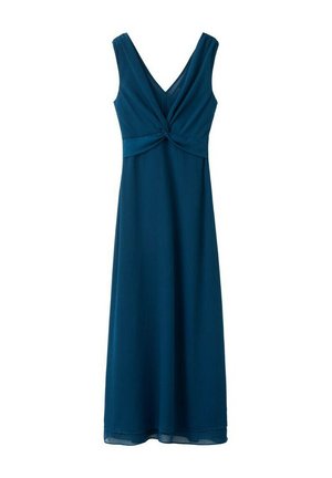 Mouwloze maxi-jurk in blauwgroen met V-hals en gedraaide knoopdetail ter hoogte van de taille, met een vloeiende rechte rok.