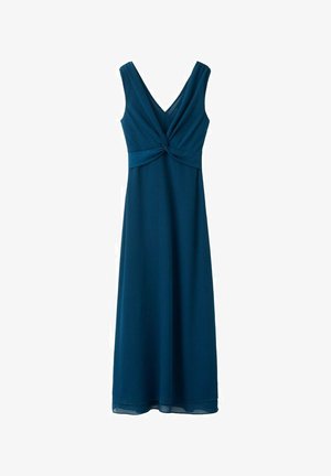 Ärmelloses, türkisblaues Maxikleid mit V-Ausschnitt und gedrehtem Knoten Detail an der Taille, fließender, gerader Rock.