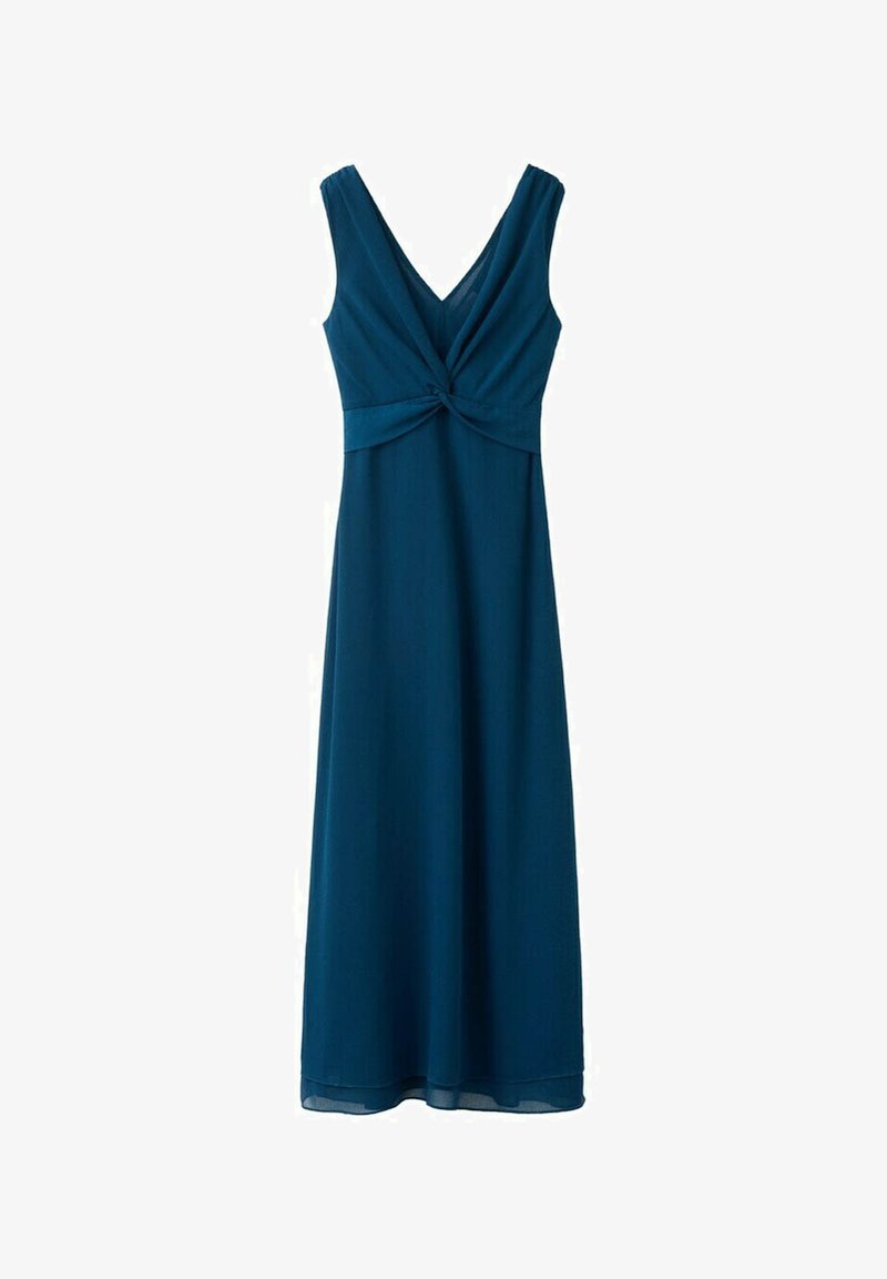 Abito lungo senza maniche blu teca con scollo a V e dettaglio nodo attorcigliato in vita, gonna dritta e fluente.