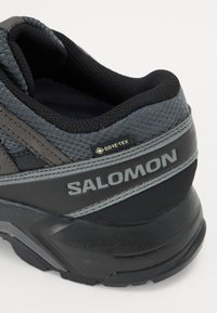 Szare i czarne buty trekkingowe z siateczkową cholewką, gumową podeszwą i etykietą "GORE-TEX"; logo widoczne na pięcie. Smukły design.
