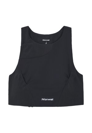 Maiou sport negru, scurt, cu bretele late și logo alb "Normal" imprimat în centru pe partea din față și pe interiorul gulerului.