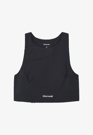 Čierny krátky športový top s širokými ramennými popruhmi a bielym logom "Normal" vytlačeným na prednej stredovej časti a vnútri goliera.