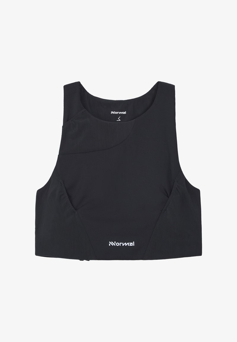 Débardeur sportif court noir avec larges bretelles et logo blanc "Normal" imprimé au centre avant et à l'intérieur du col.