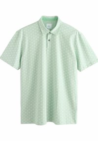 Kortærmet polo-shirt i lys mintgrøn, med et subtilt palmetræsmønster, to-knaps stolpe og krave. Blød stoftekstur.