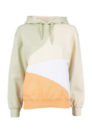 Hooded sweatshirt with drawstrings, featuring color blocks in light green, cream, white, and peach, with long sleeves and ribbed cuffs and hem.