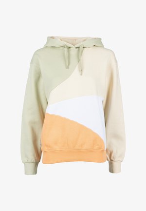 Hooded sweatshirt with drawstrings, featuring color blocks in light green, cream, white, and peach, with long sleeves and ribbed cuffs and hem.