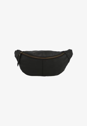 Sort læder bumbag med en glat tekstur, der har en guldfarvet lynlås og minimalistisk design. Kompakt og buet form med syninger.
