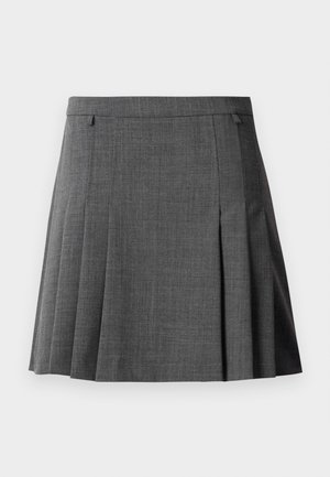 Gray pleated skirt with a fitted waistband, made from a smooth, medium-weight fabric.