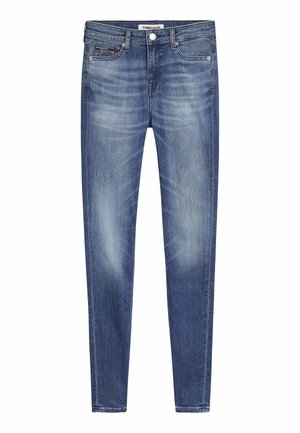 Niebieskie dżinsy slim fit z efektami sprania, w stylu pięciu kieszeni, z zapięciem na guzik i metką Tommy Jeans na talii.