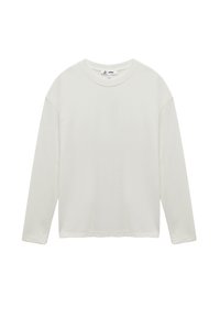 Langærmet t-shirt med rund hals i off-white. Blødt bomuldsstof med en afslappet pasform, featuring sænkede skuldre og en lige kant.