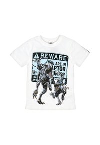 Bílé bavlněné tričko s grafikou dvou dravců a černým a modrým výstražným textem "POZOR, VSTUPUJETE DO ÚZEMÍ DRAVCŮ."