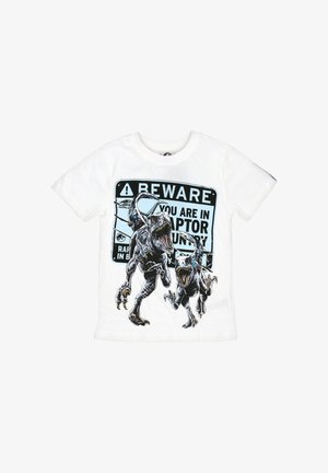 Bílé bavlněné tričko s grafikou dvou dravců a černým a modrým výstražným textem "POZOR, VSTUPUJETE DO ÚZEMÍ DRAVCŮ."
