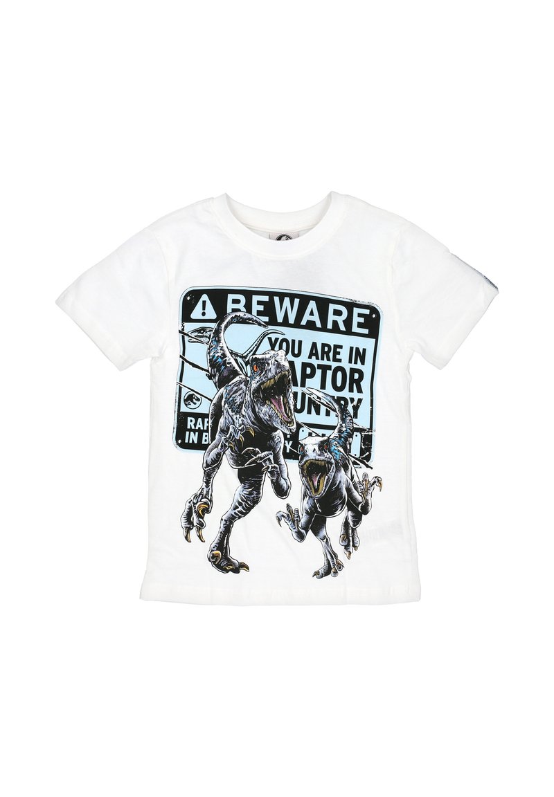 Bílé bavlněné tričko s grafikou dvou dravců a černým a modrým výstražným textem "POZOR, VSTUPUJETE DO ÚZEMÍ DRAVCŮ."