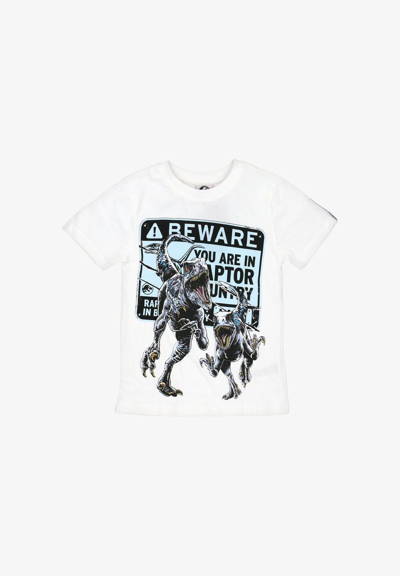 Bílé bavlněné tričko s grafikou dvou dravců a černým a modrým výstražným textem "POZOR, VSTUPUJETE DO ÚZEMÍ DRAVCŮ."