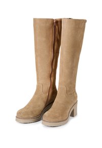 Pair of tan suede knee-high boots with block heels and side zippers, designed for casual or semi-formal wear.