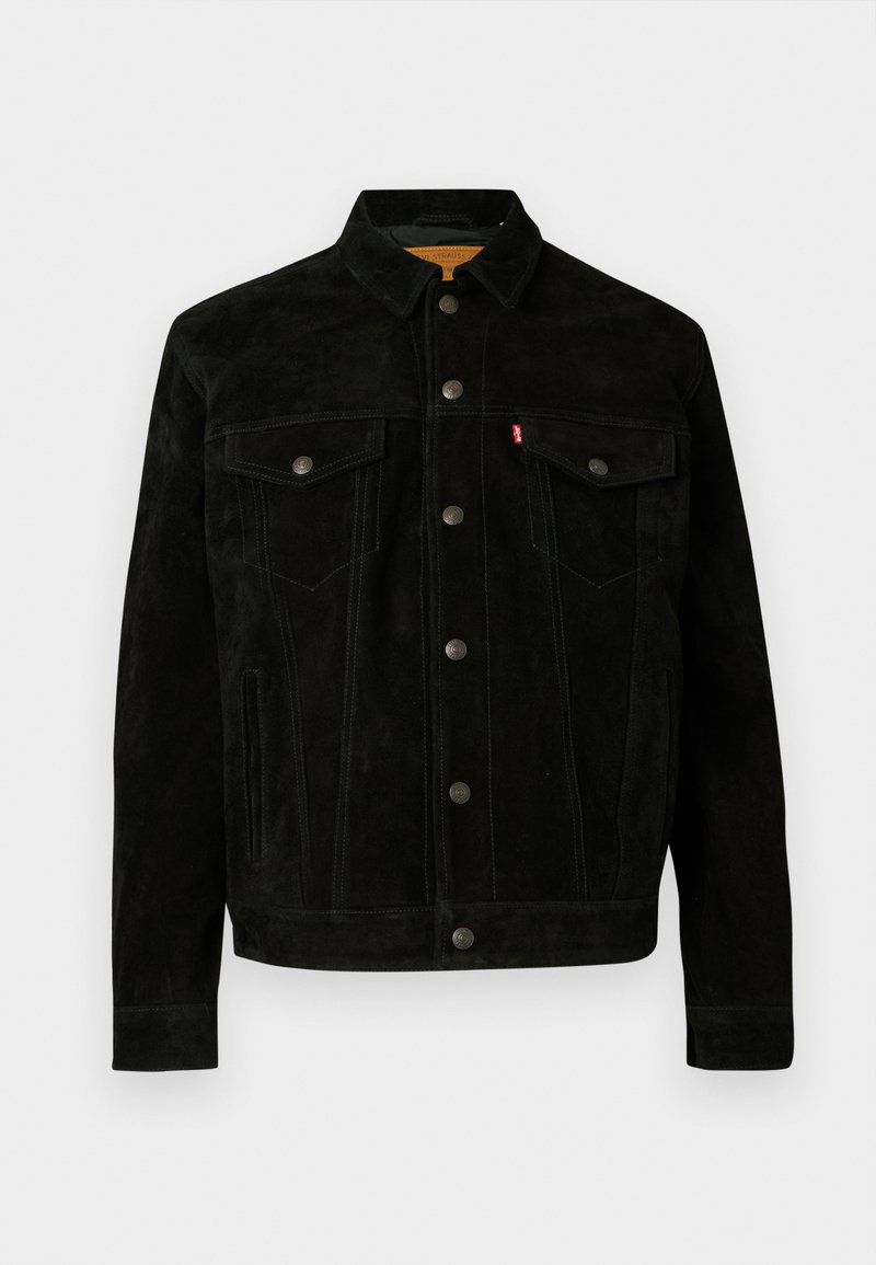 Giacca in suede nera con colletto, quattro tasche frontali e cuciture a contrasto. Presenta chiusure con bottoni e un design classico.