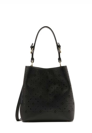 Sac seau en cuir noir avec des motifs floraux découpés au laser, deux anses, et des accents en métal doré. Texture lisse avec une forme structurée.