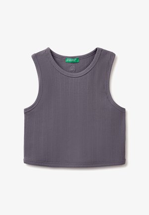 Szary prążkowany top bez rękawów z okrągłym dekoltem i zieloną metką United Colors of Benetton z tyłu wewnątrz kołnierza.