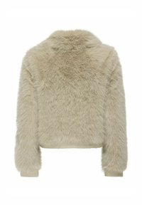 Faux fur jacket in beige with a cropped design, long sleeves, and a soft, fluffy texture. No fastenings visible.