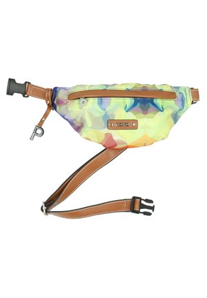 Fanny pack in multicolored, abstract-patterned fabric with brown leather accents. Features a front zipper pocket and adjustable strap.