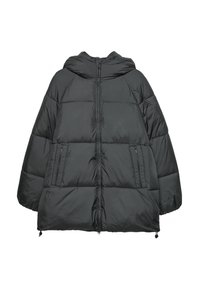 Giubbotto piumino nero con cappuccio, caratterizzato da un design trapuntato, tasche con zip, cordini elastici all'orlo e una texture liscia.