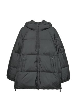 Čierna páperová bunda s kapucňou, s prešívaným dizajnom, so zipsovými vreckami, elastickými šnúrkami na spodnom okraji a hladkou textúrou.