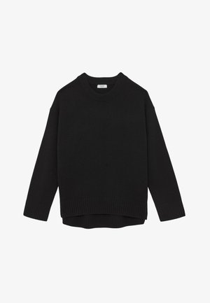 Jersey negro de punto con mangas largas, puños, bajo y cuello redondo acanalados, con un bajo trasero ligeramente más largo.