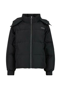 Giacca nera imbottita con colletto alto, zip frontale, flap sulla spalla removibile e logo discreto sul petto.