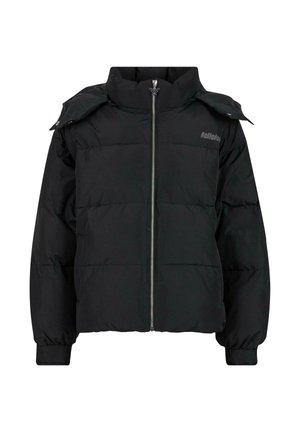 Chaqueta acolchada negra con cuello alto, cremallera frontal, solapa de hombro desmontable y logo sutil en el pecho.