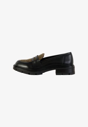 Black leather loafers with a textured brown suede accent, round toe, flat rubber sole, and decorative strap across the front.