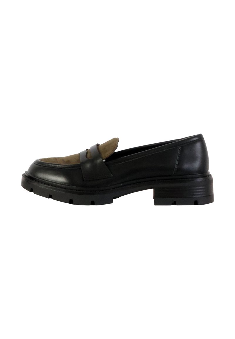 Black leather loafers with a textured brown suede accent, round toe, flat rubber sole, and decorative strap across the front.
