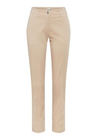 Pantalons beiges au design ajusté, fabriqués en tissu lisse. Comprennent une fermeture éclair à l'avant, des passants de ceinture et une finition légèrement satinée.