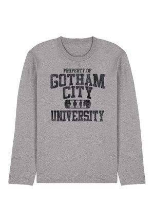 Graues Langarmshirt mit schwarzem Text ""Property of Gotham City XXL University"" in fetter, distressed Schriftart.