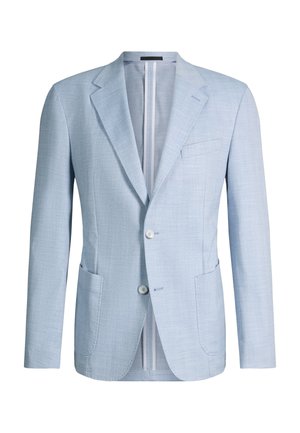 Veste de costume pour homme bleu clair à revers crantés, avec deux boutons avant et poches plaquées, présentée sur un fond blanc.