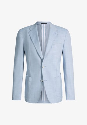 Veste de costume pour homme bleu clair à revers crantés, avec deux boutons avant et poches plaquées, présentée sur un fond blanc.