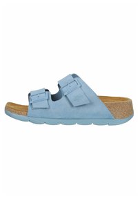 Sandalo a scivolo in suede azzurro chiaro con due cinturini regolabili, una soletta in sughero e una suola in gomma testurizzata.