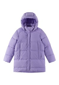 Lila Puffjacke aus synthetischem Stoff, mit Kapuze, gestepptem Design und zwei Fronttaschen. Glatte Textur und lockere Passform.