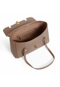 Braune Lederhandtasche mit glatter Textur, rechteckiger Form und goldfarbenen Beschlägen. Verfügt über ein geräumiges Innenfach und einen sicheren Klappenverschluss.